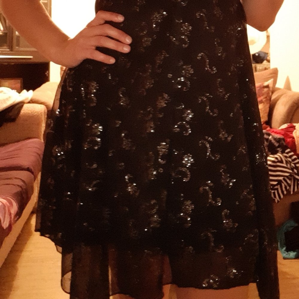 Black dress with floral pattern--silvery/goldy sorta sparkly :)
